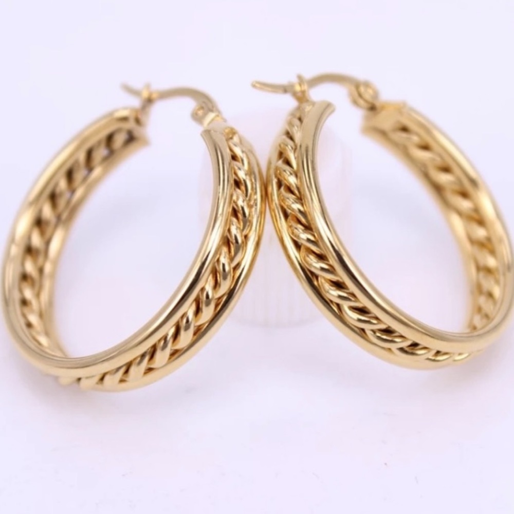 NEW 18K YELLOW GOLD BRAID HOOP EARRINGS